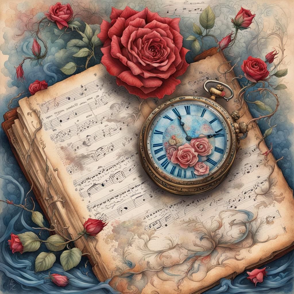 Watercolor Roses and Antique Watch on Journal Page