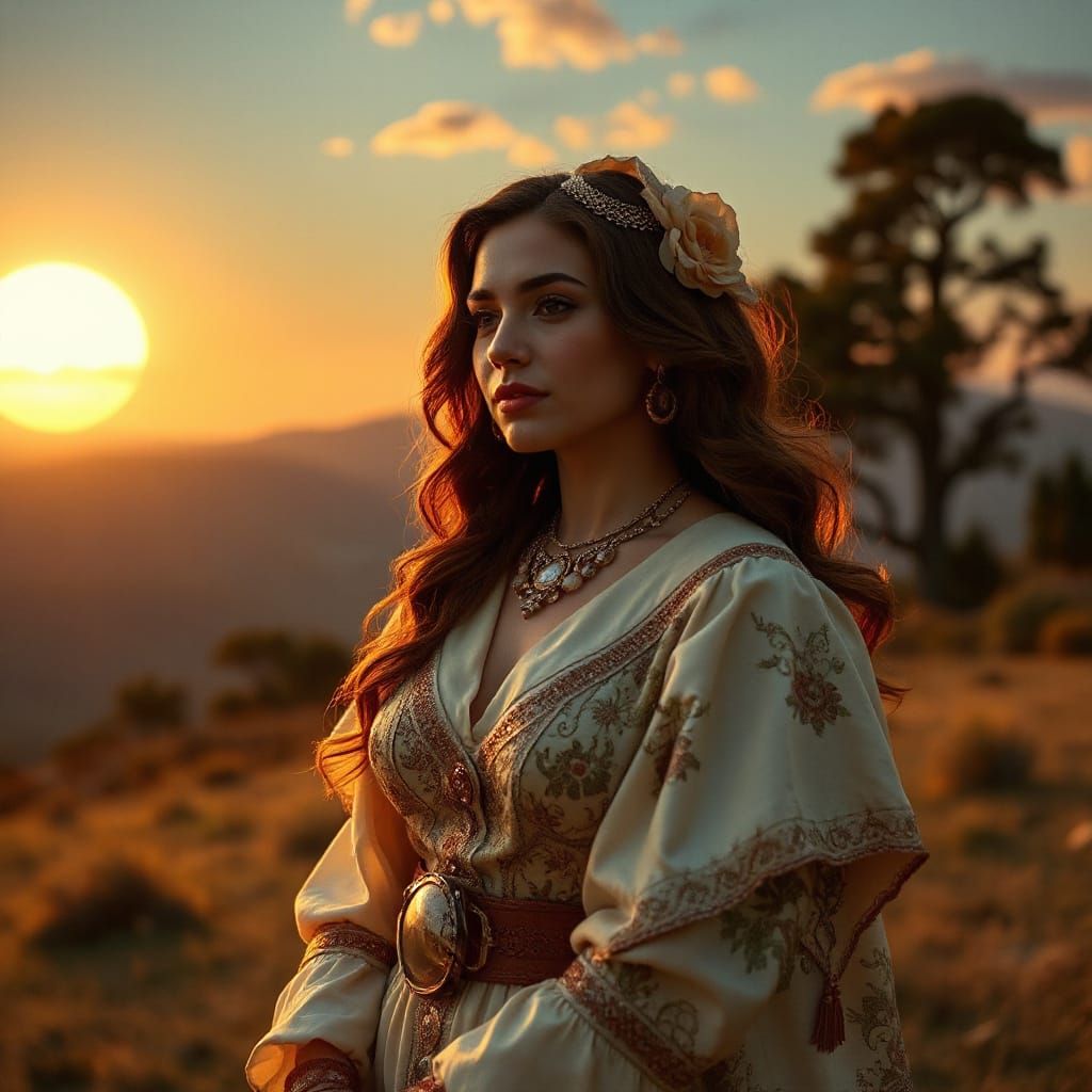 Elegant Woman in Serene Landscape, Art Nouveau Style