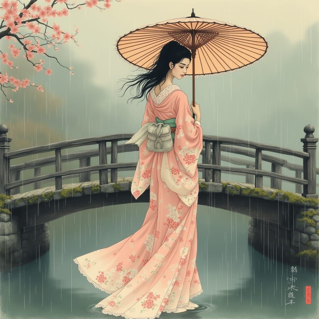 Serene Woman in Cherry Blossom Kimono Under Parasol Near Bri...