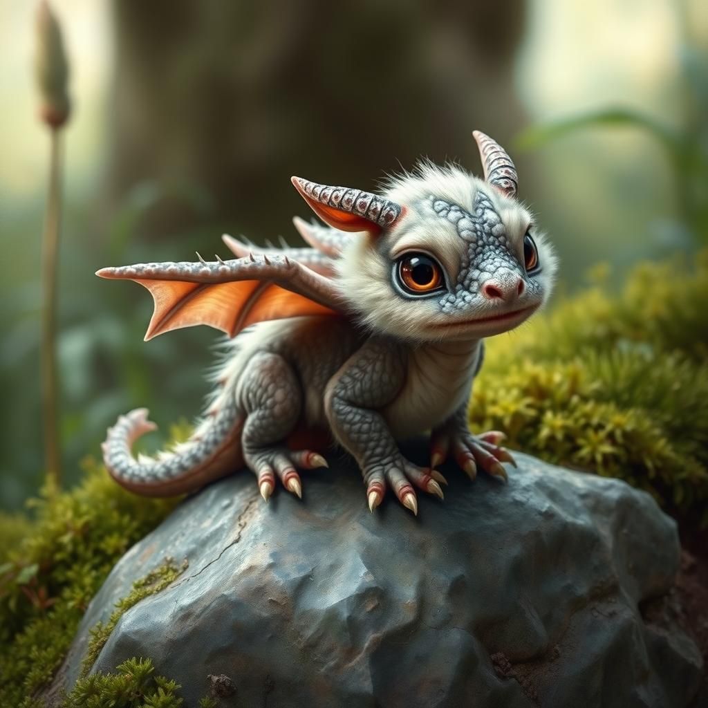 Adorable Fluffy Dragon Perched on Mossy Stone