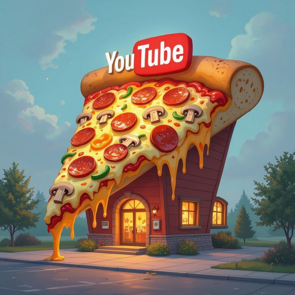 Surreal Pizza Slice Building with YouTube Sign