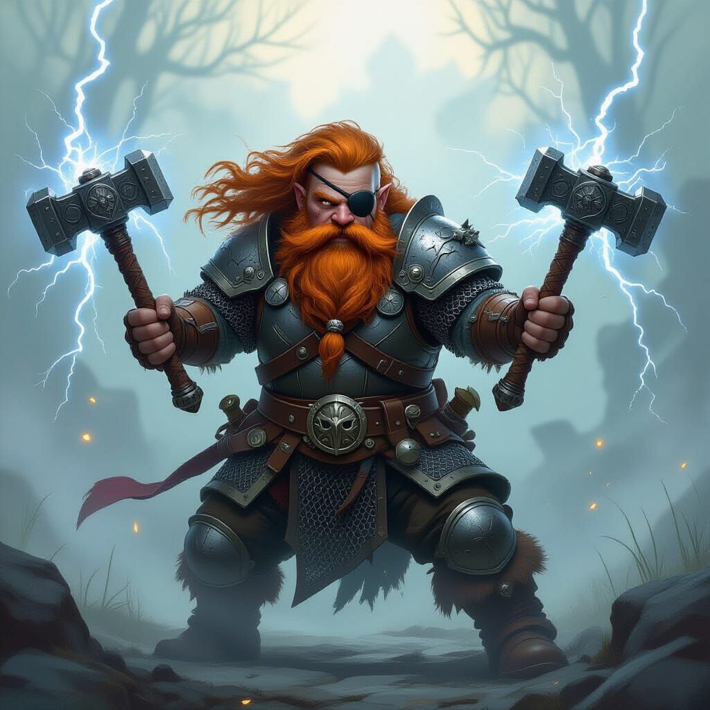 Dwarven Warrior Smith Dual-Wields Lightning Warhammers