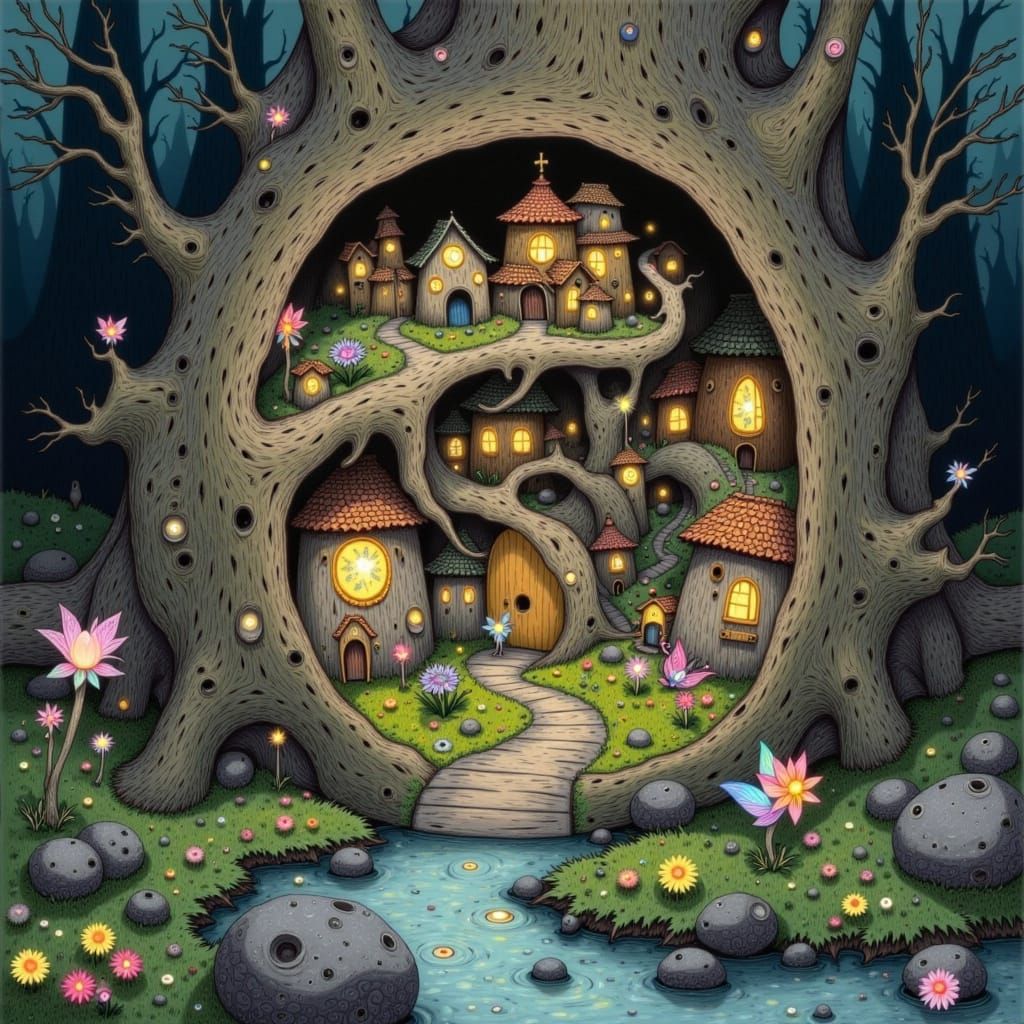 Enchanted Fairy Village in Watercolor Style