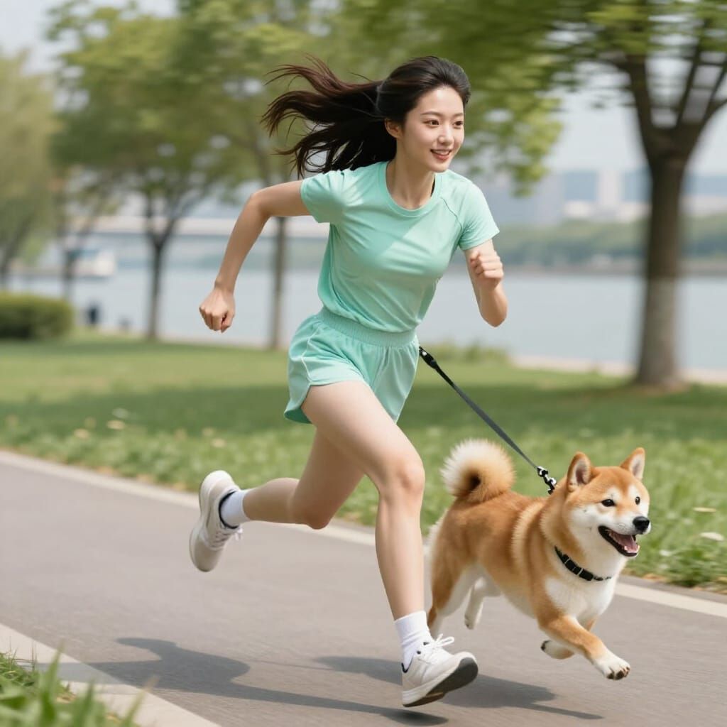 Mint-Haired Woman and Shiba Inu Sprinting in Seoul
