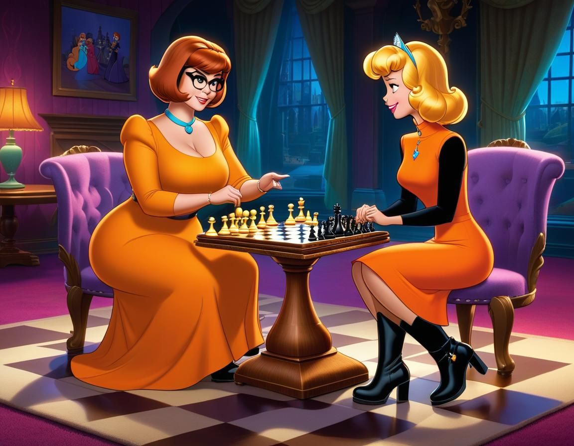 Velma Plays Chess Against Elsa in Hyperdetailed Style