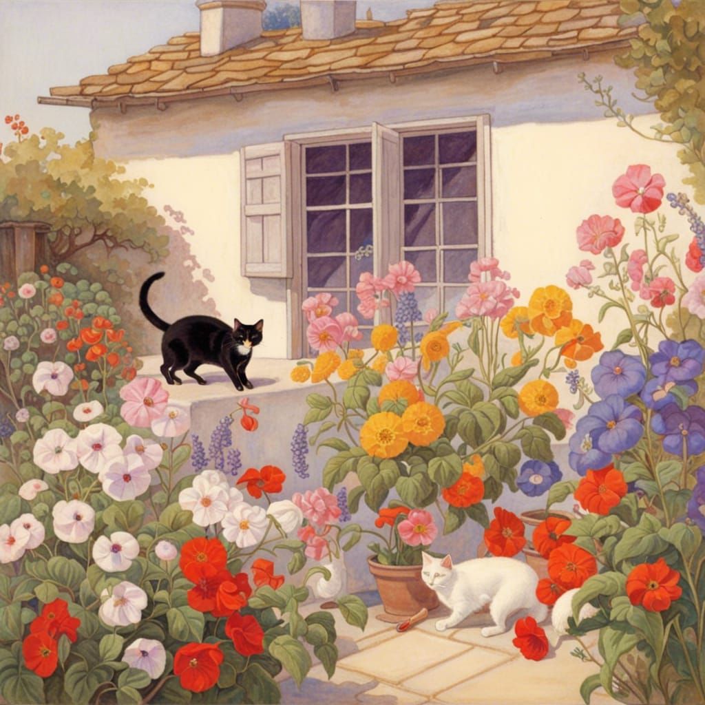 Lush Courtyard Garden with Cat, Botanical Illustration