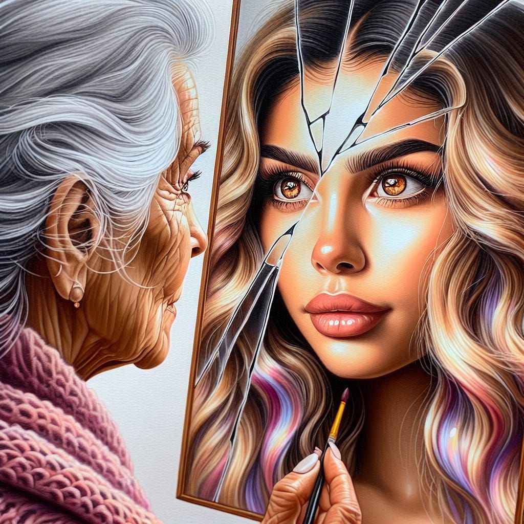 Elderly Lady and Reflected Youth in Watercolor