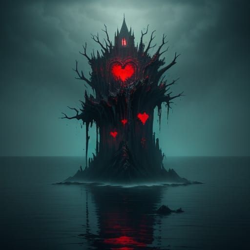 Macabre Pile of Skeletons with Ruby Tears in Teal Water