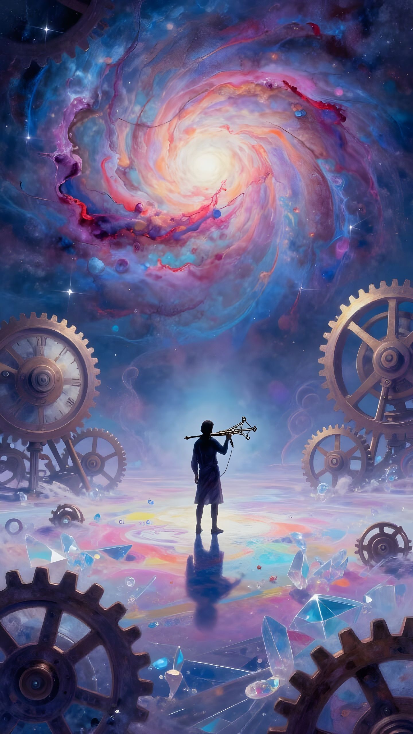 Figure Holds Crossbow on Crystalline Plain Under Nebula Sky