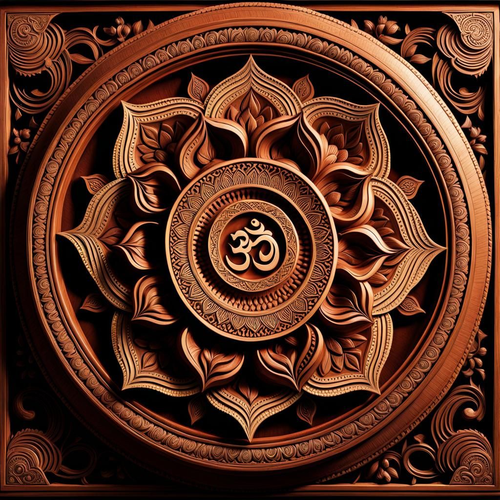 Intricate Wood Carving: Lotus Om Mandala