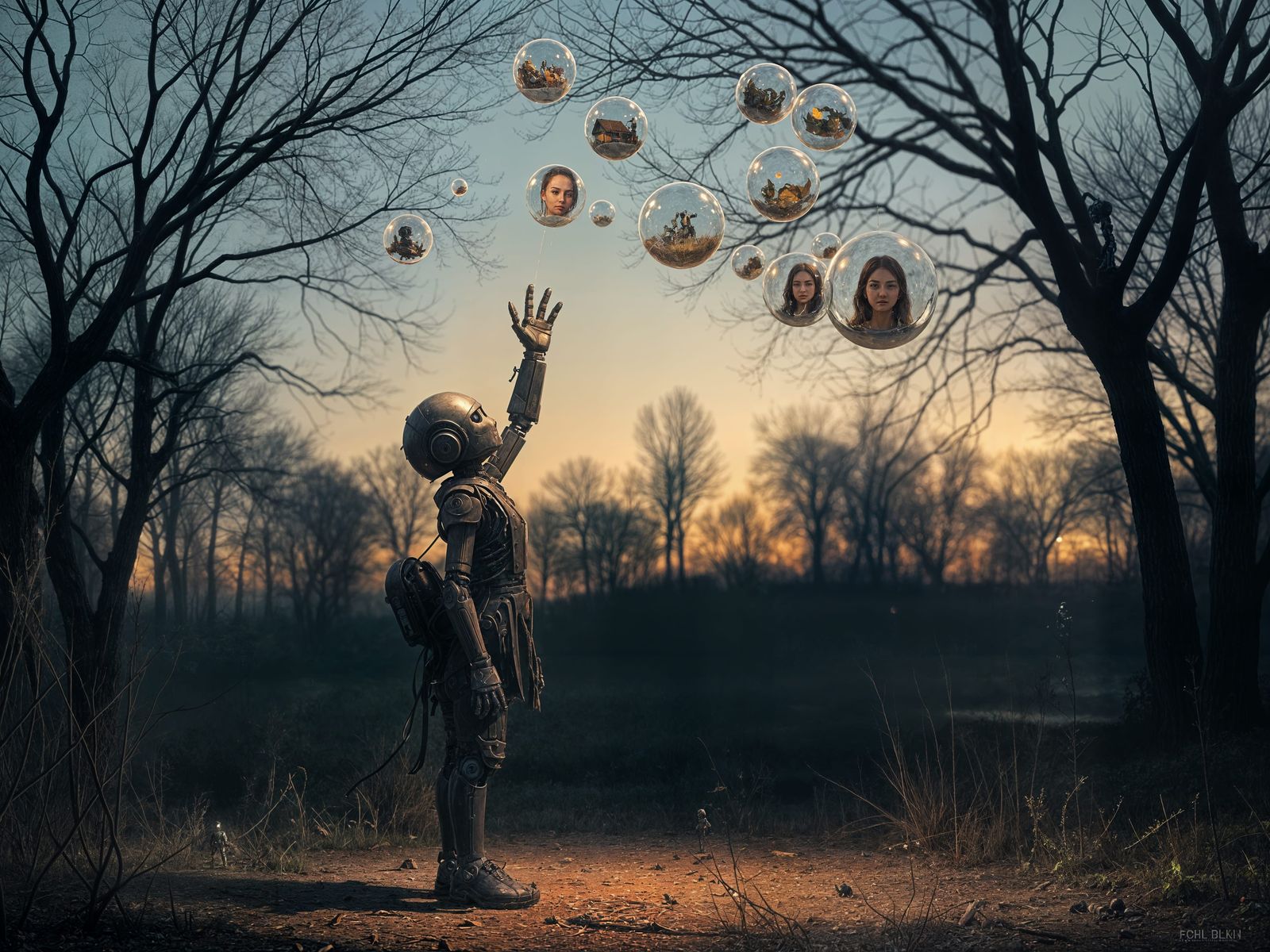 Melancholic Robot in Abandoned Park at Dusk