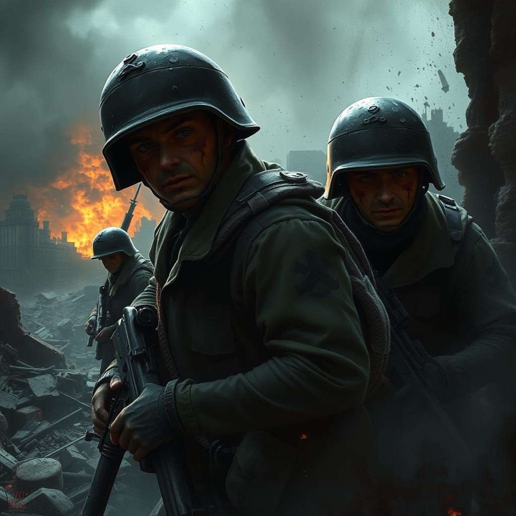 Battle-Scarred Soldiers in a Ruined Cityscape