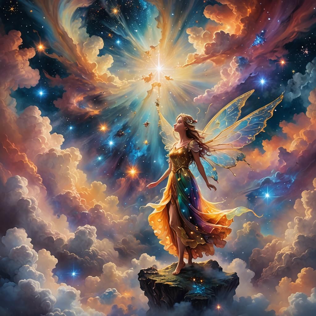 Ethereal Fairy in Surreal Cosmic Oil Painting