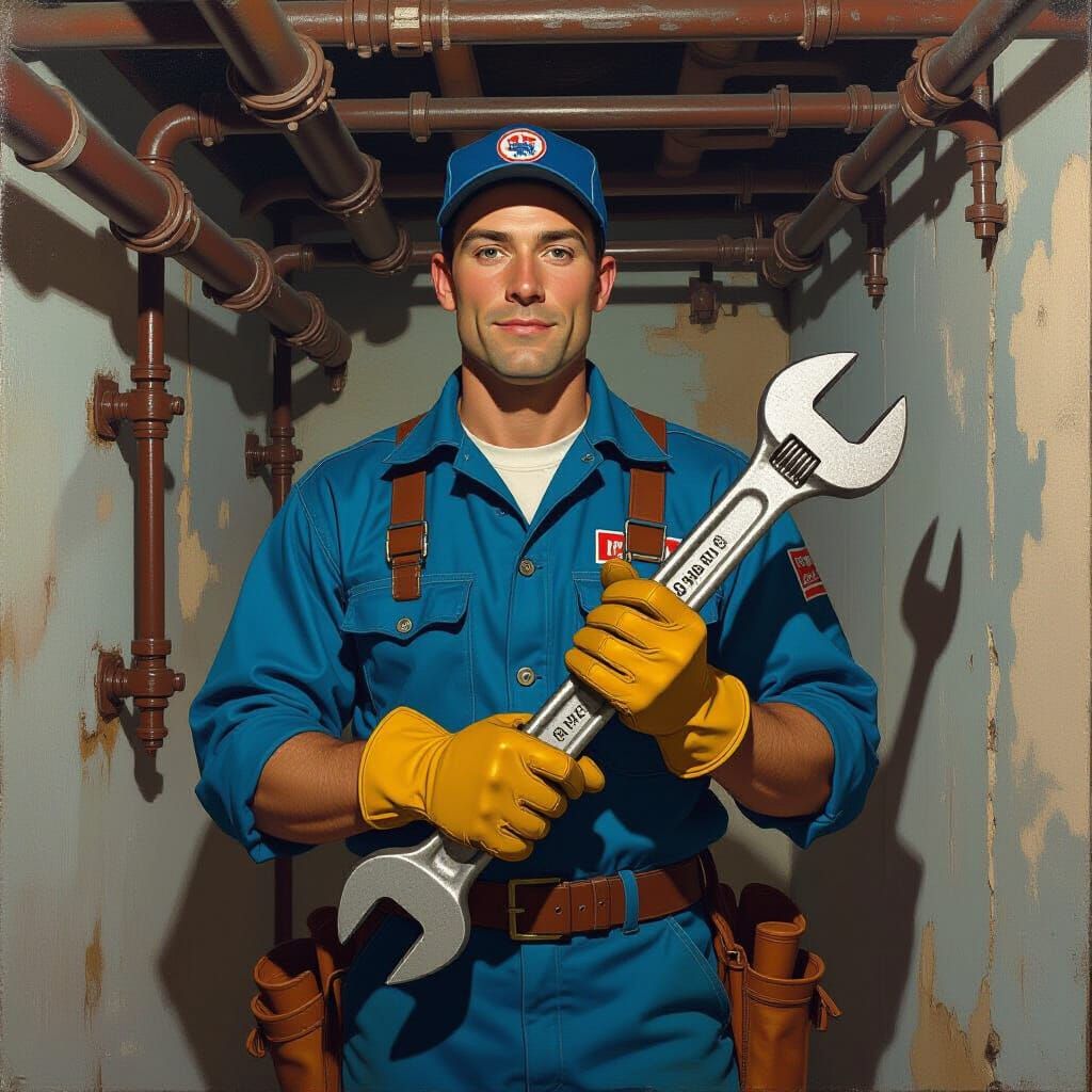 Plumber in Dimly Lit Basement, Realistic Industrial Style