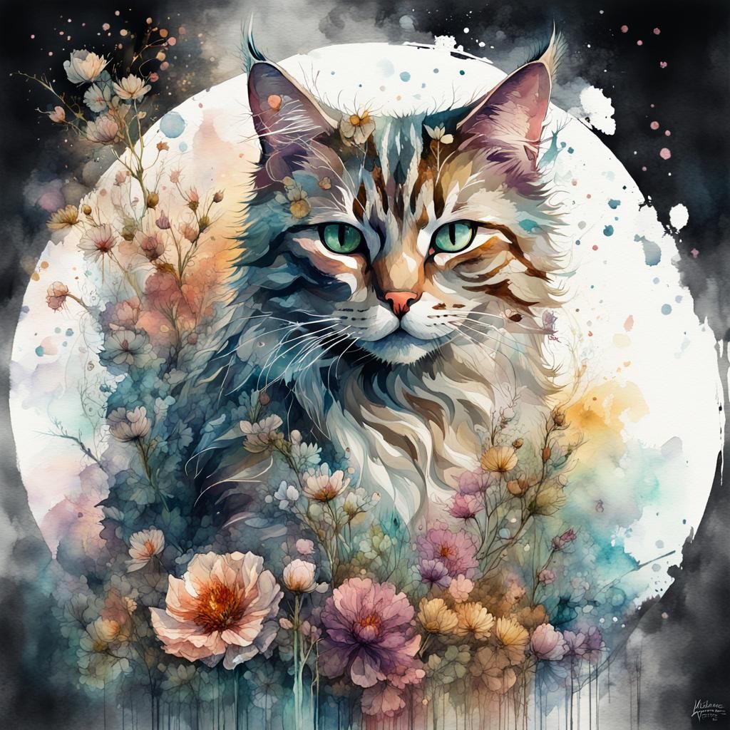 Fantasy Watercolor Cat Portrait