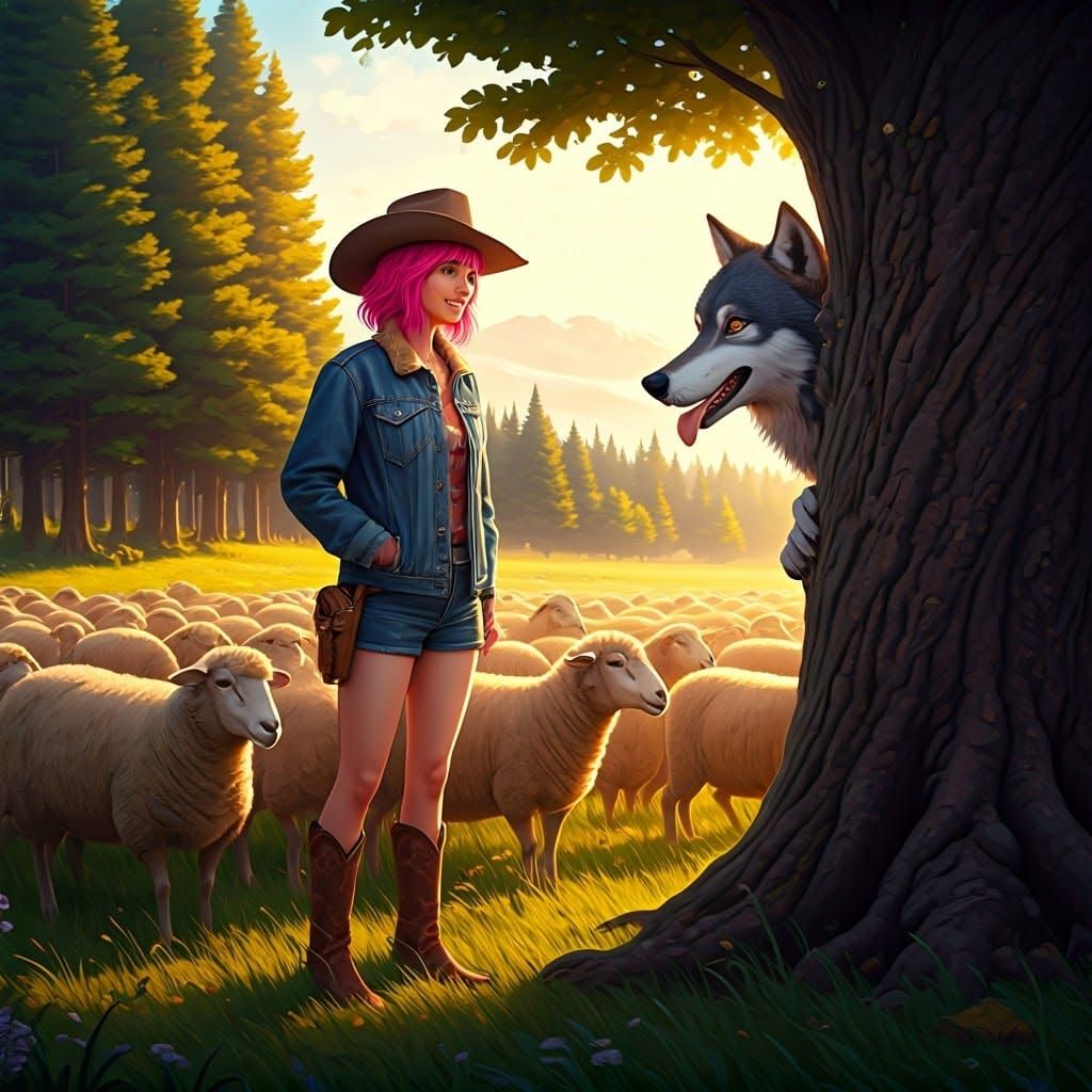 Pink-Haired Herder and Anamorphic Wolf, in Animated Style