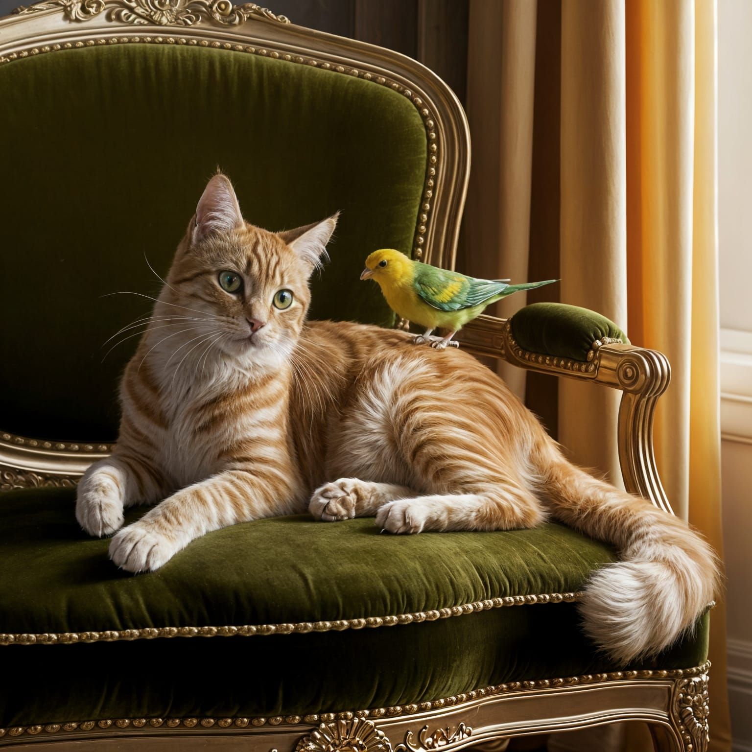 Tabby Cat and Canary on Regency Couch