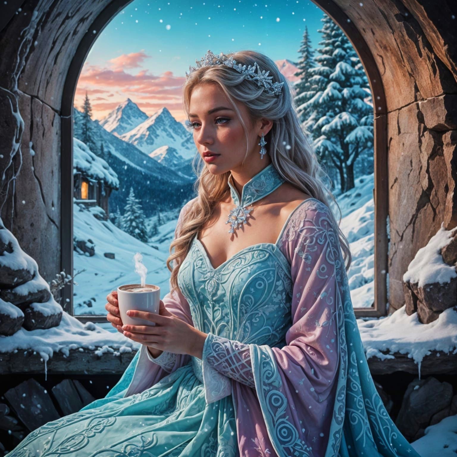 Snow Princess Enjoying Hot Chocolate in Synthwave Style