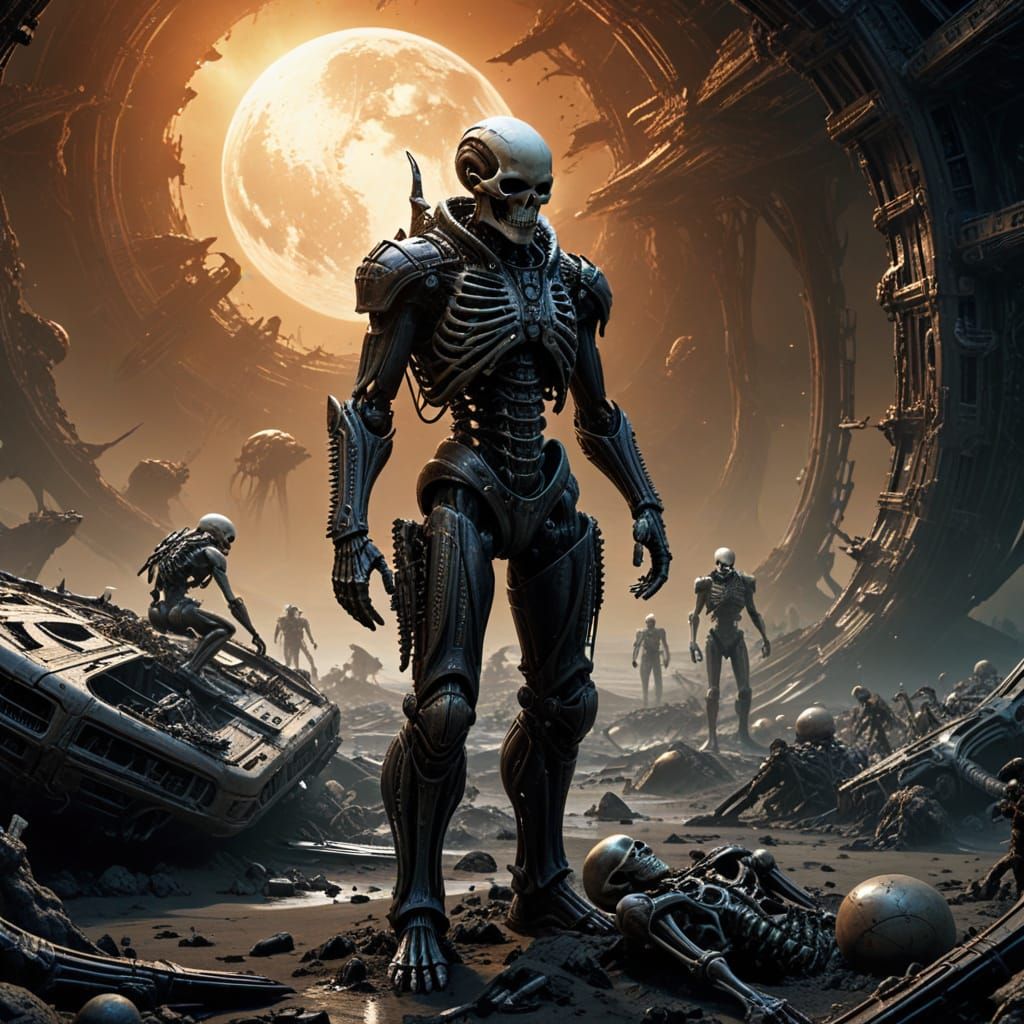 Skeletal Astronauts Investigate Crash Site: Dark Fantasy Art