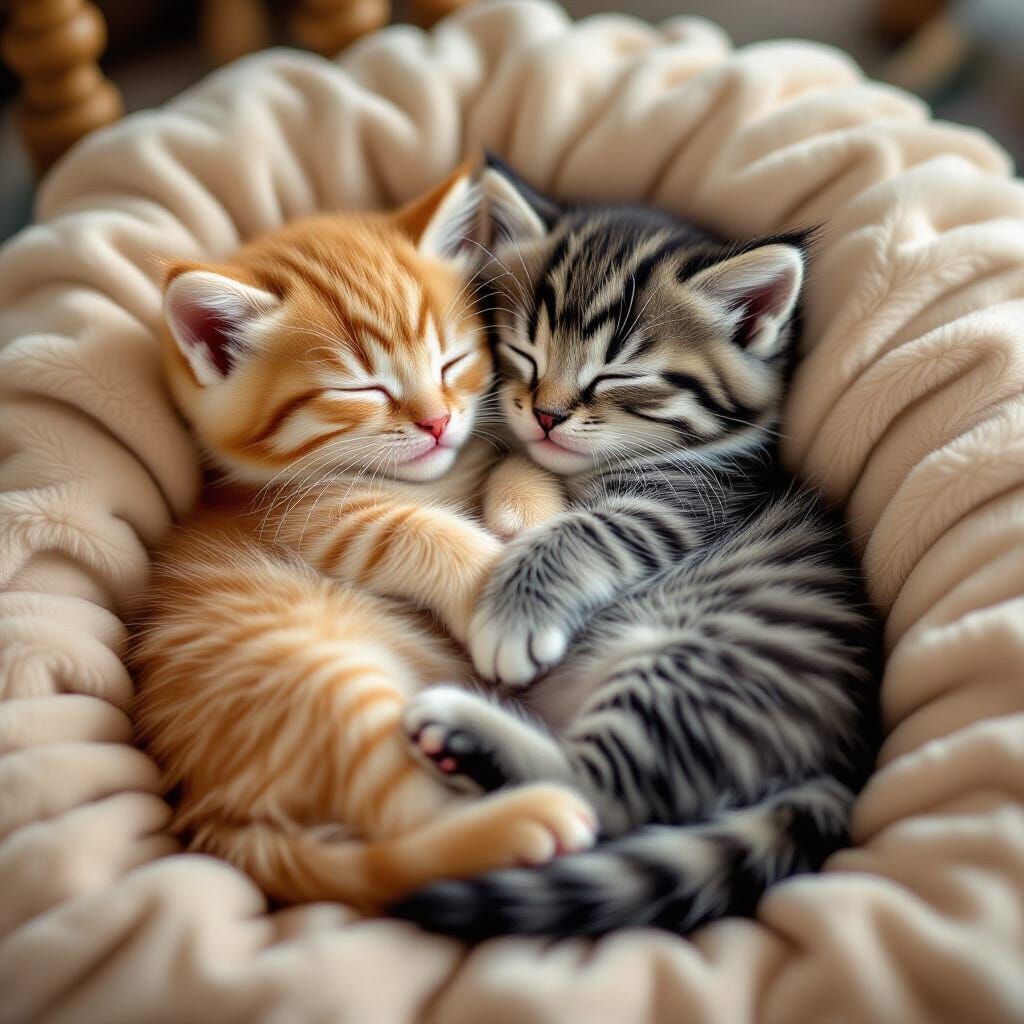Sleeping Kittens Cuddling on a Cushion