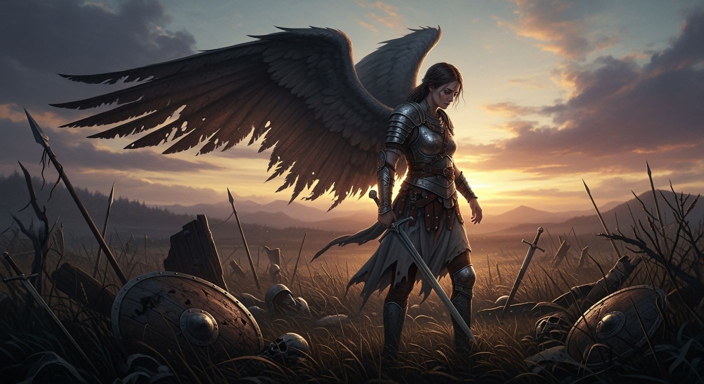 Weary Angel on Ancient Battlefield at Sunset