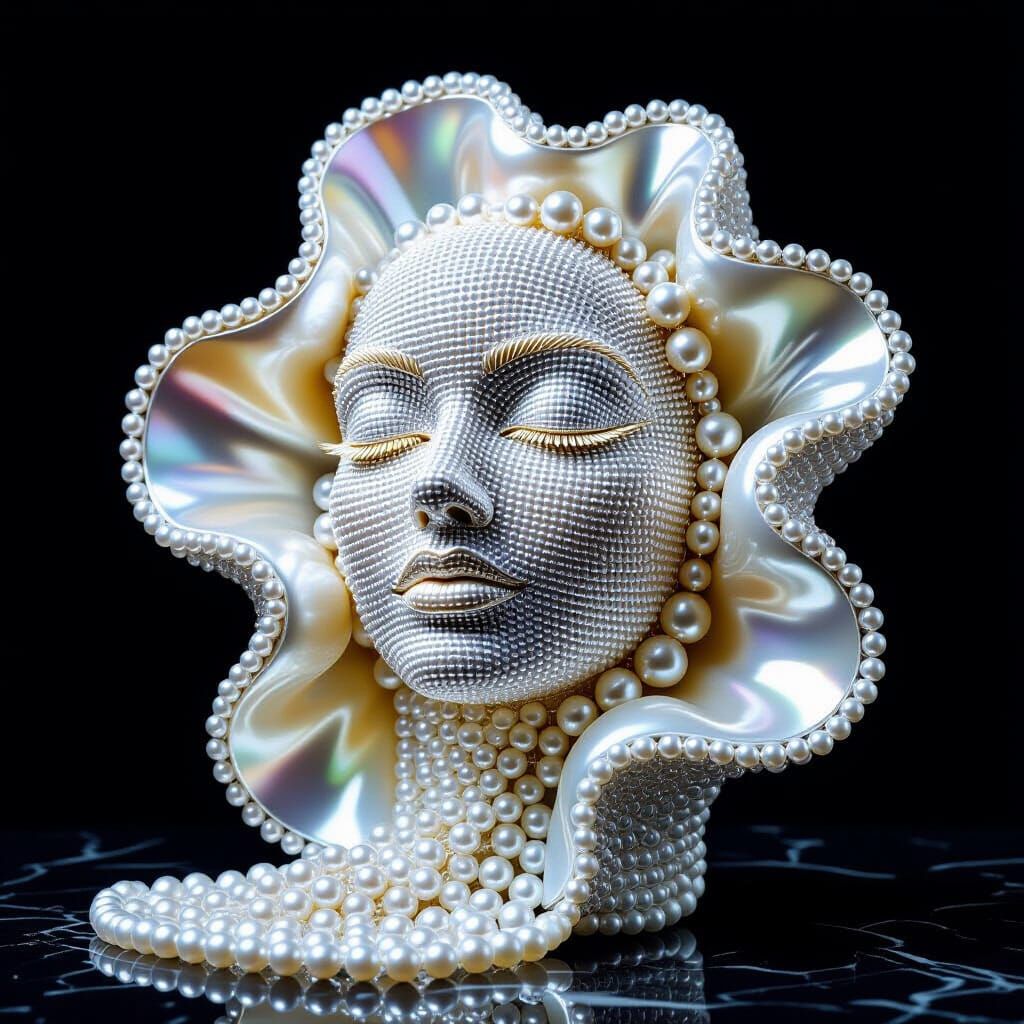 Pearl Sculpture of Abstract Face in Baroque Style