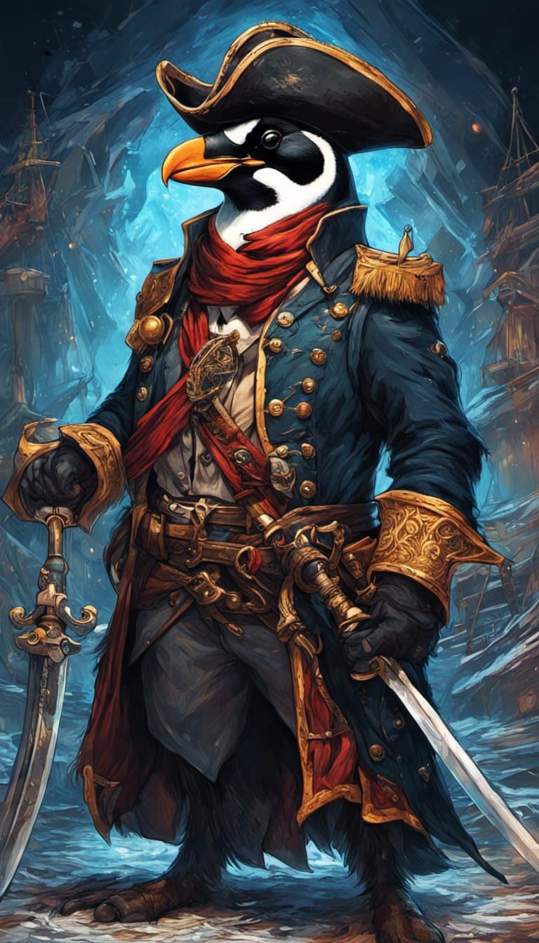 Pirate penguin with a eye patch holding a sword