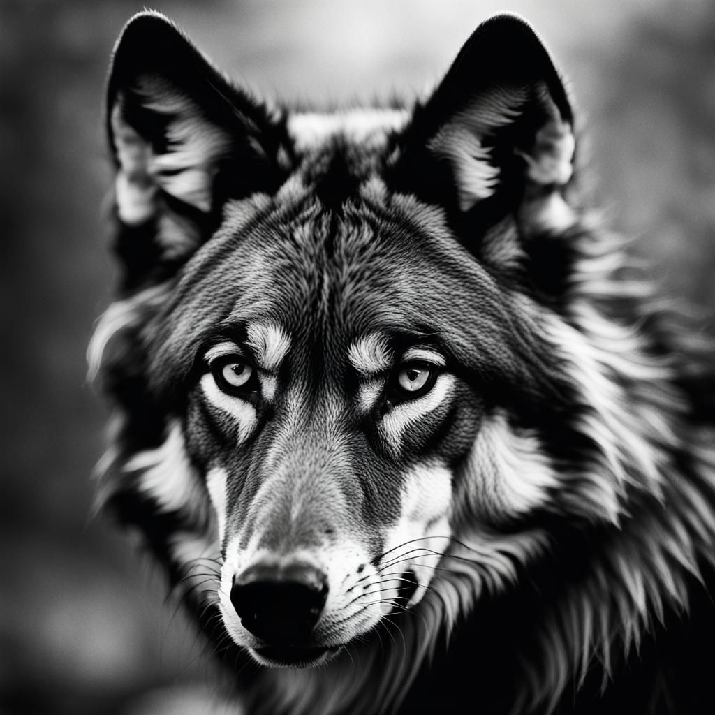 Monochrome Wolf Portrait in Photographic Style