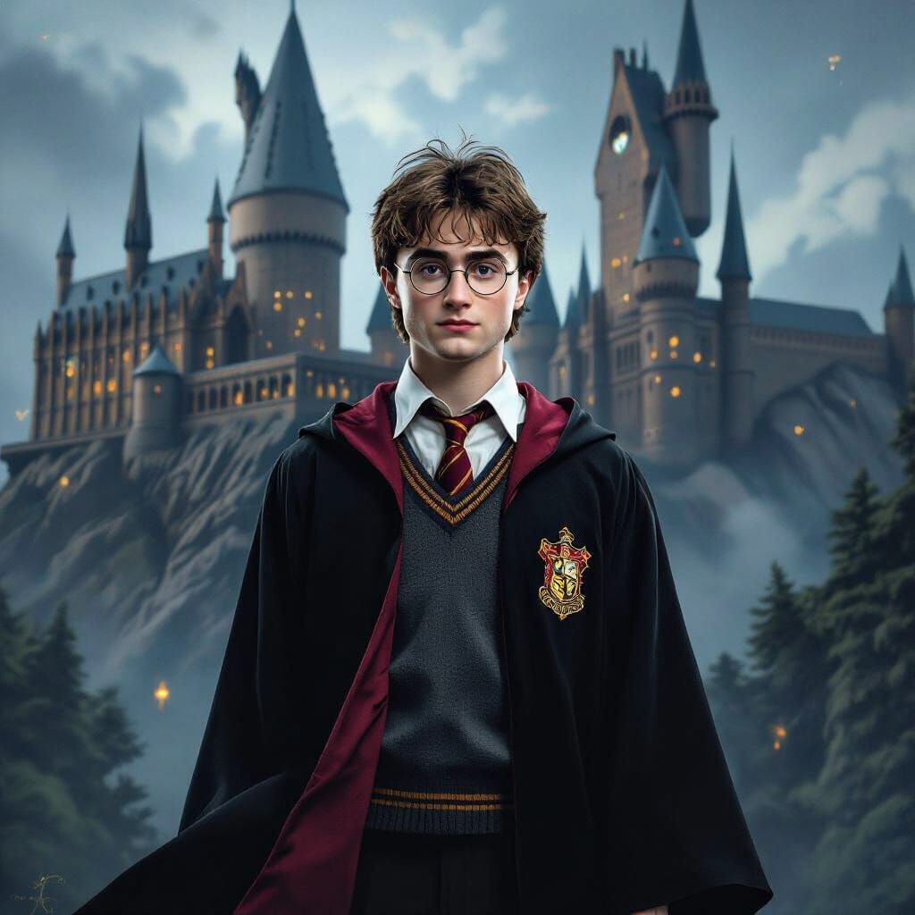 Young Wizard at Hogwarts in Mystical Atmosphere