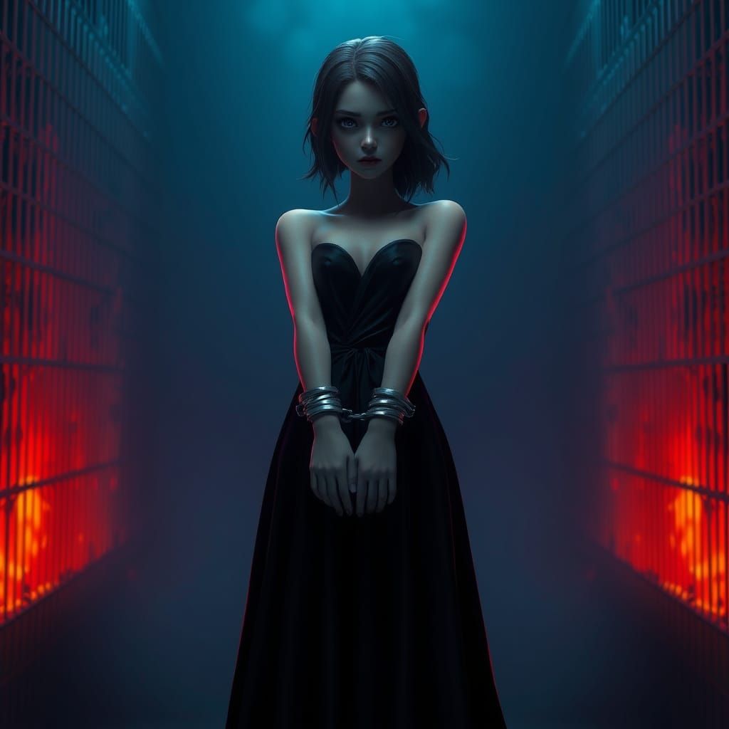 A Somber Prisoner in Dark, Flowing Gown