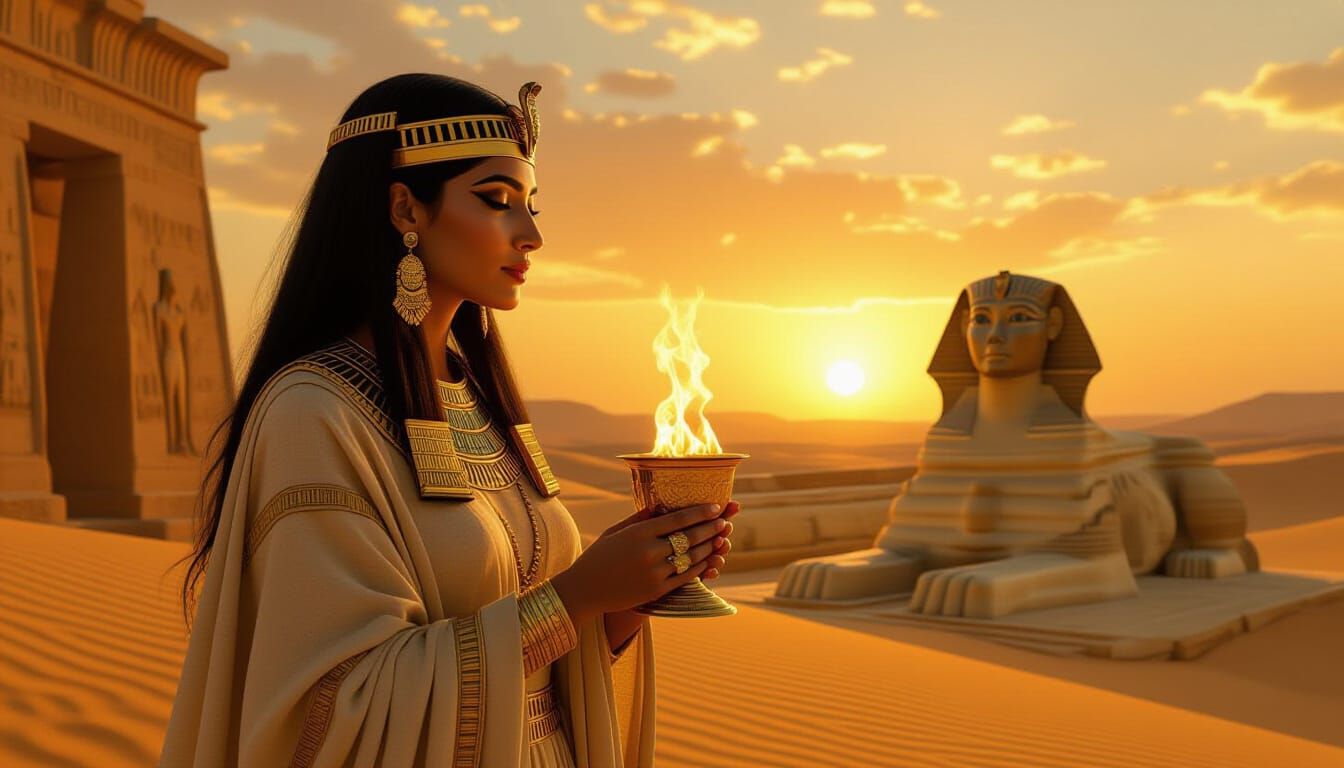 Egyptian Woman and Sphinx at Sunrise in Matte Painting