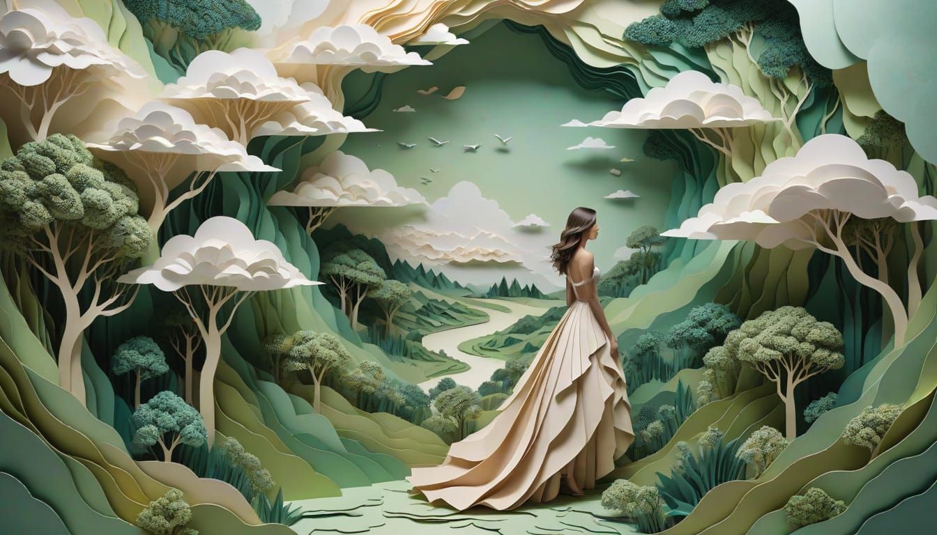 Surreal Paper Landscape with Woman in Abstract Heaven