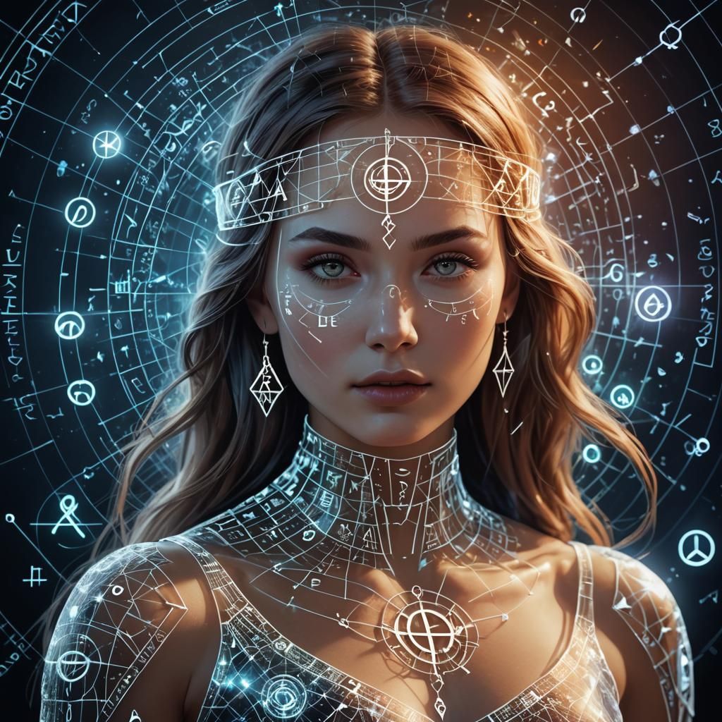 Holographic Woman Composed of Runes and Symbols