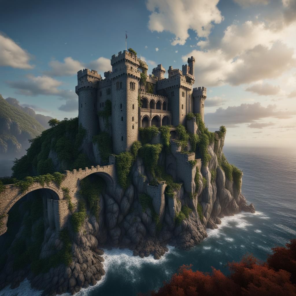 Seaside Medieval Castle with Ivy, Detailed Matte Painting