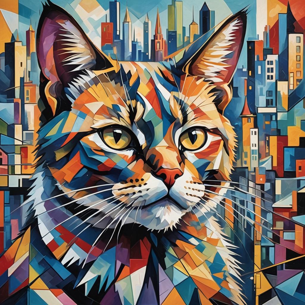 Cubist Cat Portrait in Geometric Cityscape