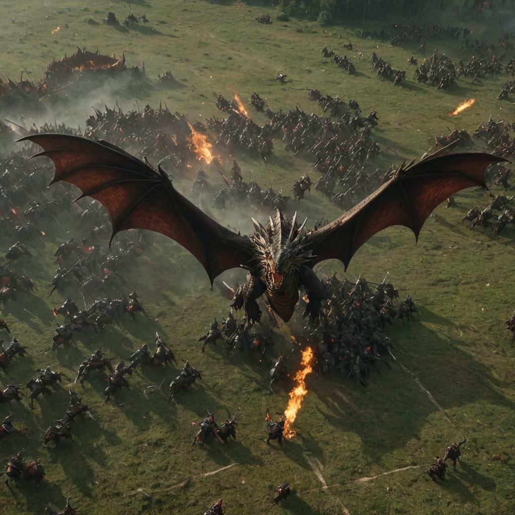 Epic Medieval Battle Scene with Dragon in Digital Painting S...