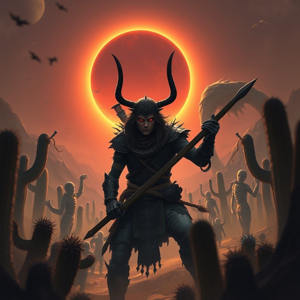 Loki-like Warrior Battles Serpent Under Solar Eclipse