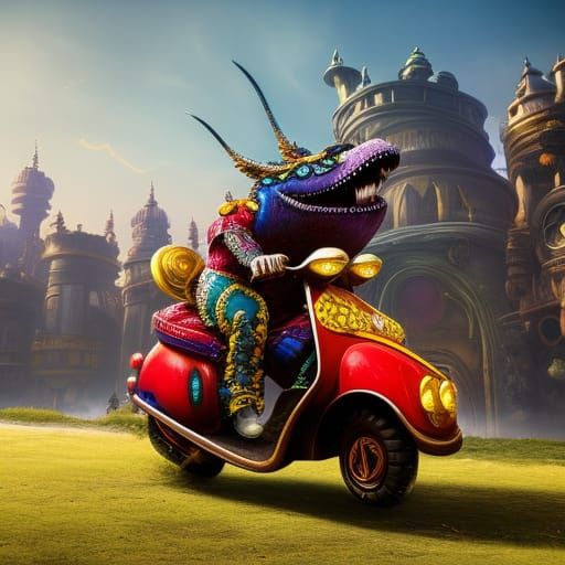 Funky Monster Rides Scooter in Steampunk Style