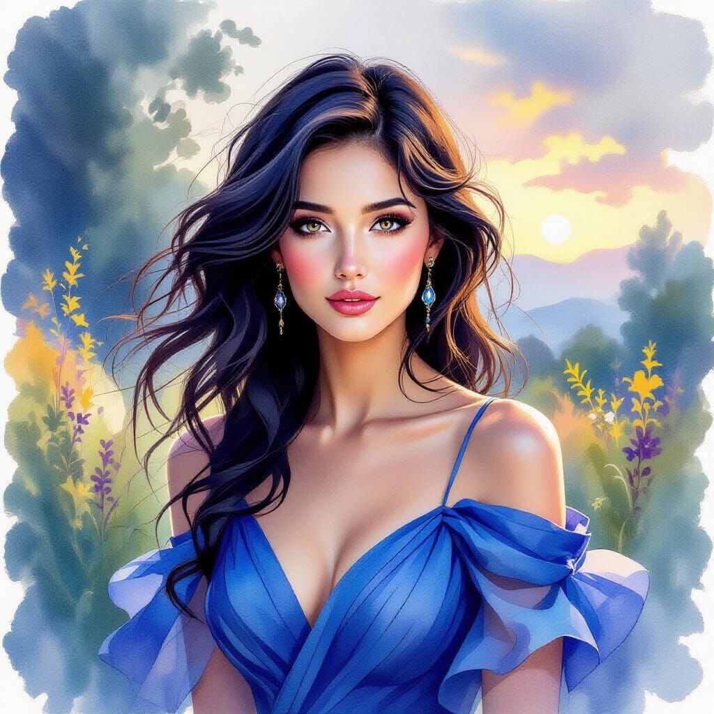 Watercolor Portrait of Woman in Sapphire Dress