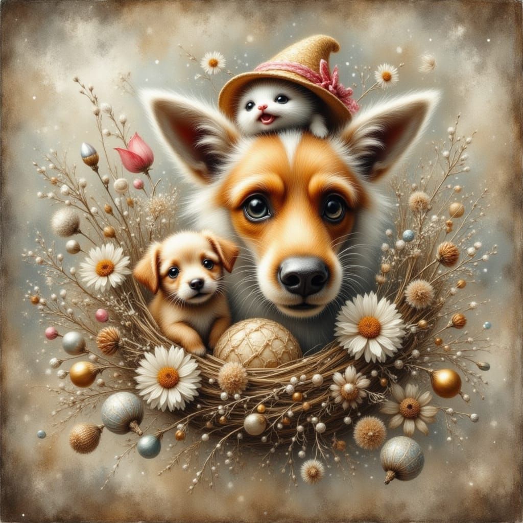 Christmas Scene with Dogs and Reindeer in Brushed Oils Style