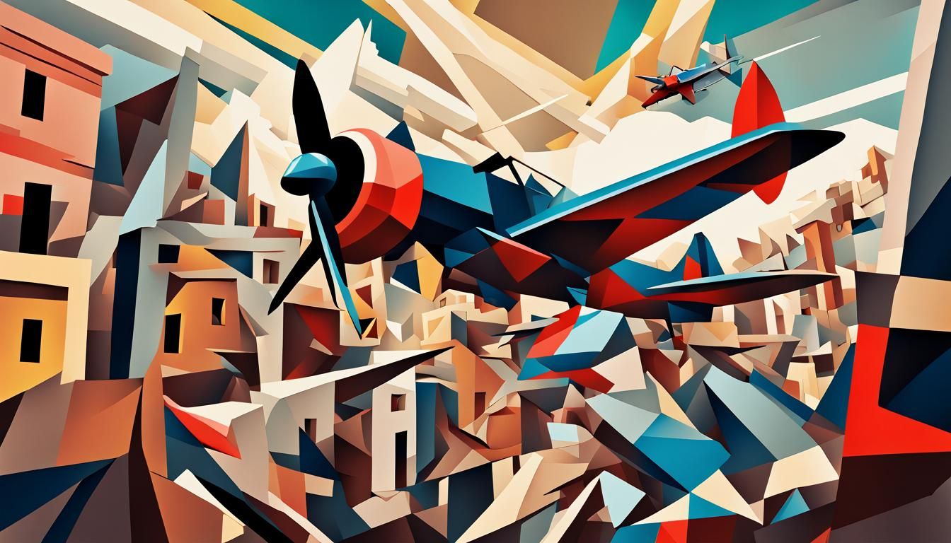Cubist Dogfight Above Destroyed Town in Geometric Fauvism