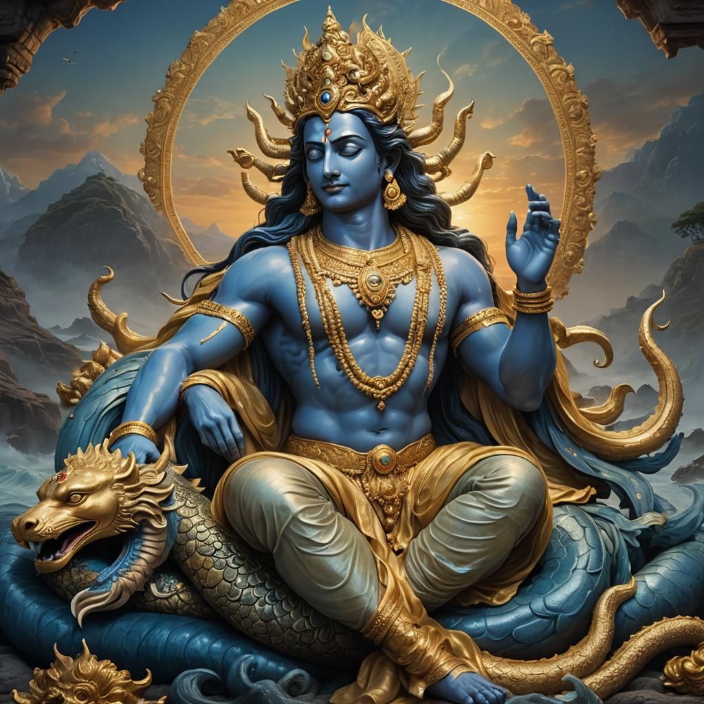 Lord Vishnu Sleeping on Sheshnag: Hyper-realistic Twilight S...