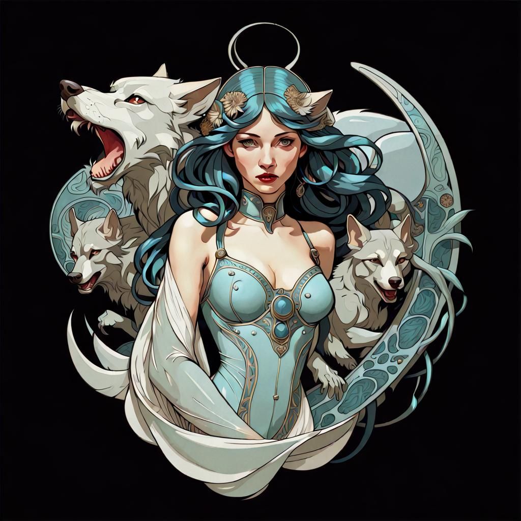 Art Nouveau Damsel Surrounded by Alien Wolves
