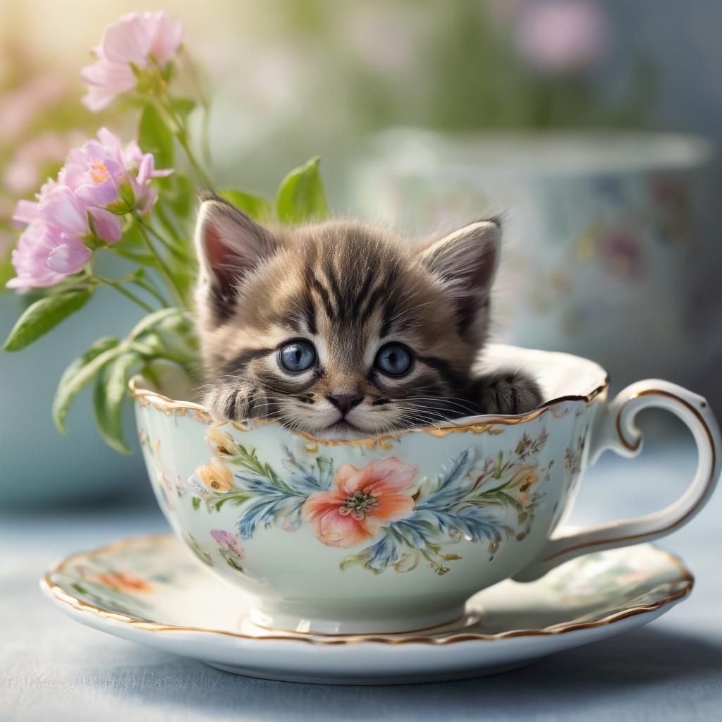 Kitten Peeks Out of Floral Teacup in Macro
