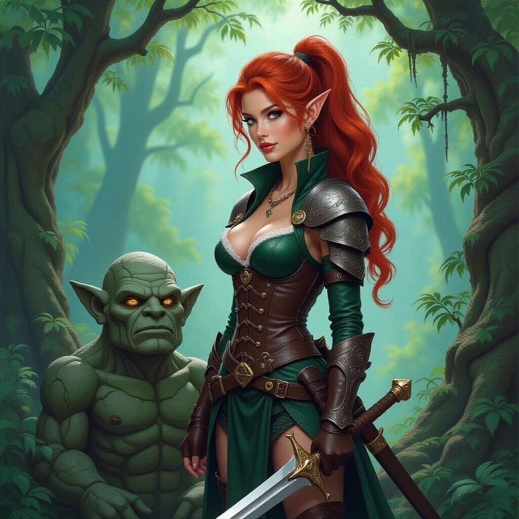 Elf Adventurer and Golem in Ethereal Forest