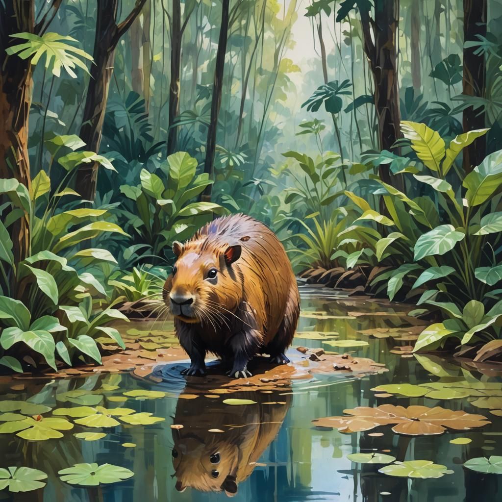 Capybara in Rainforest Puddle as Gouache Painting