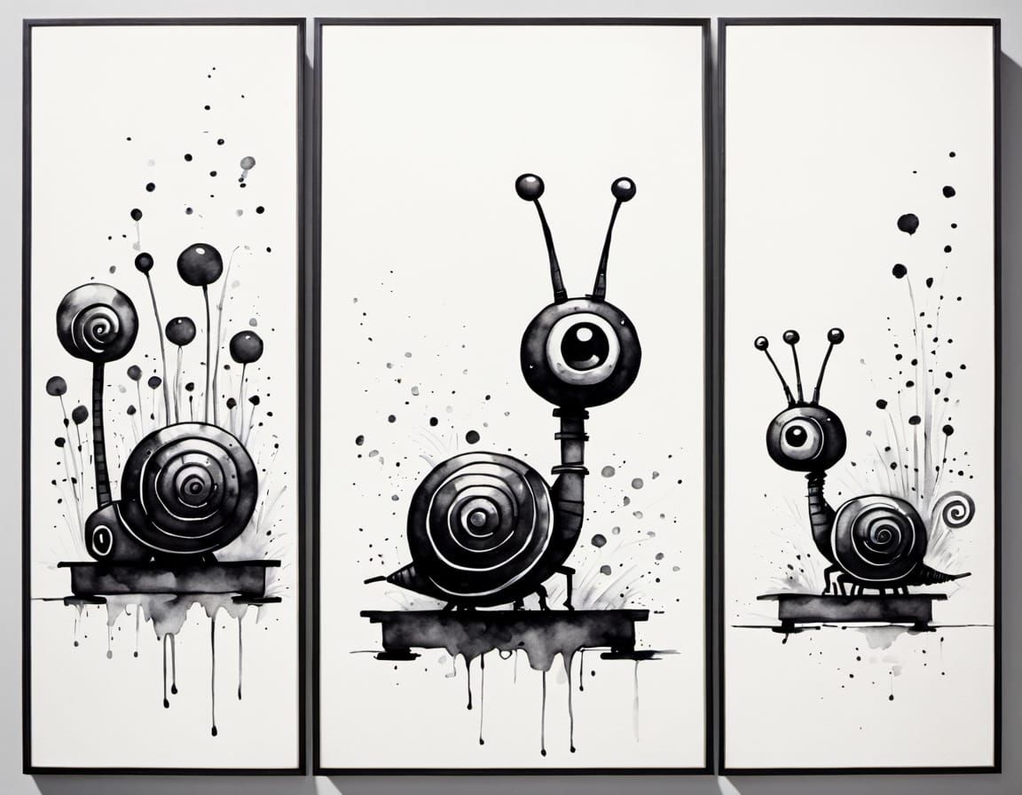 Monochrome Triptych: Snail, Typewriter, Robot in Sumi-e