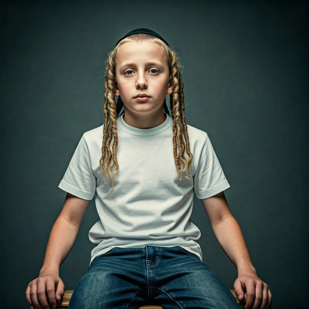 Youthful Hasidic Boy in Traditional Payot Hairstyle
