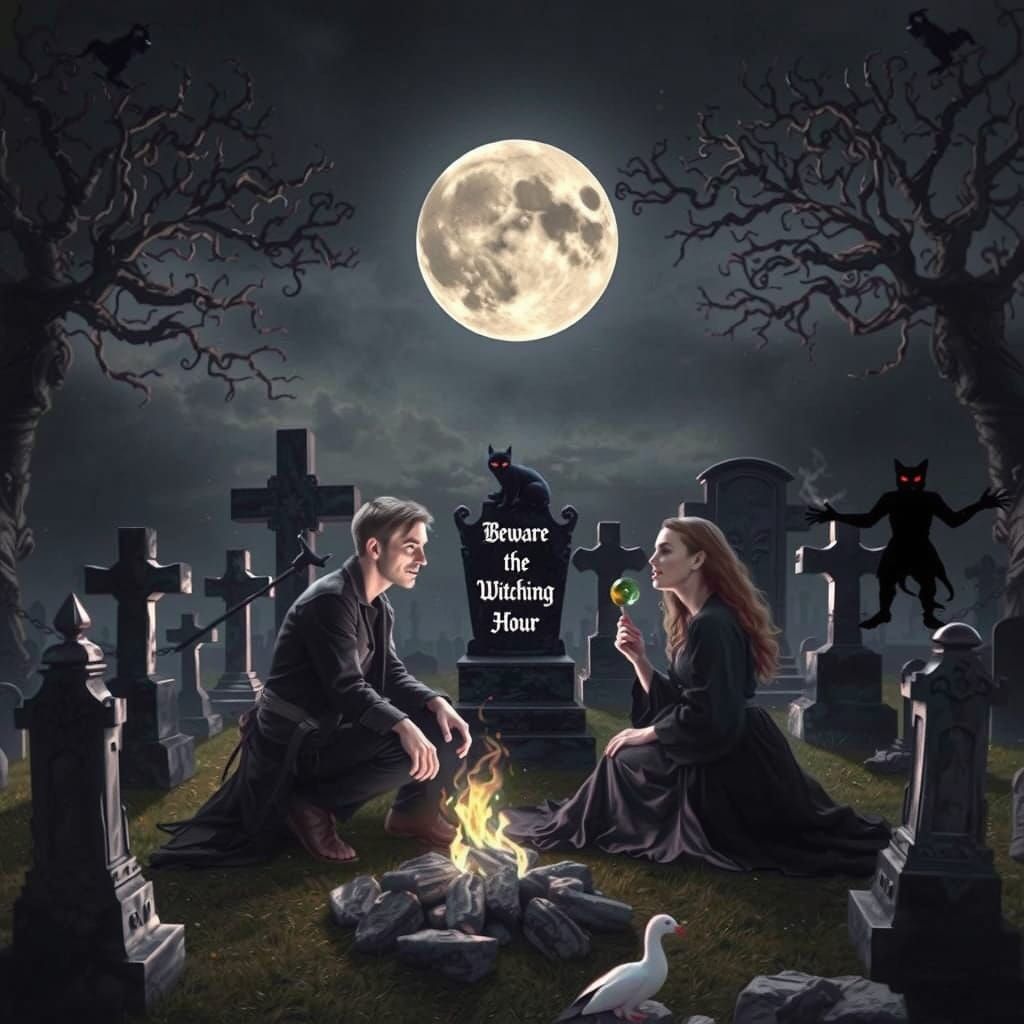 Moonlit Cemetery Encounter in a Haunting, Mystical Atmospher...