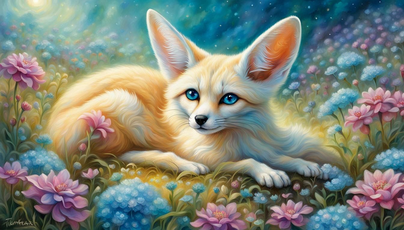 Fennec Fox with Blue Eyes in Flower Field
